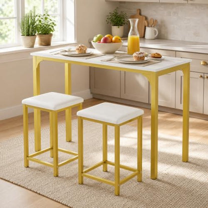 COSTWAY Dining Table Set, Counter Height Table & 2 Upholstered Stools | White & Gold, PU Leather Seats, Metal Frame, Modern, Space-Saving for Small Space Dorm & Kitchen Island - color: White & Gold
