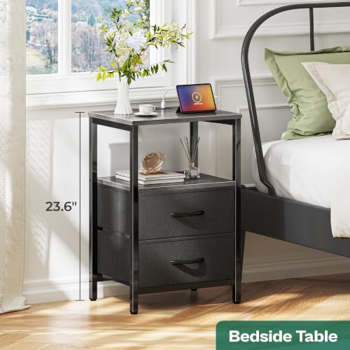 Huuger Nightstand with Charging Station, Side Table with Fabric Drawers, End Table with Open Shelf, Bedside Table with USB Ports and Outlets, Night Stand for Bedroom, Charcoal Gray | End Table with Open Shelf, Bedside Table with USB Ports and Outlets, Nig