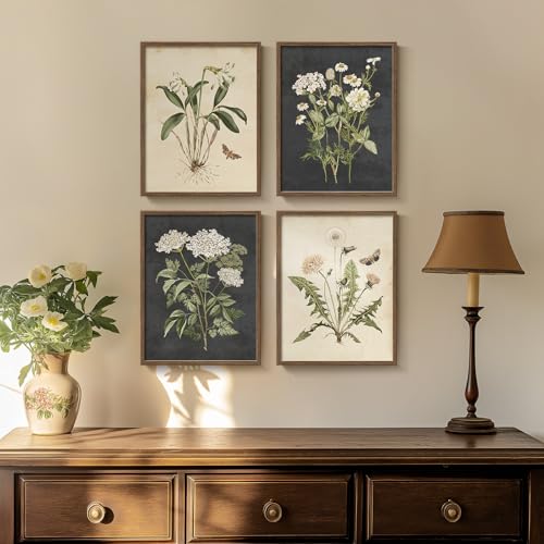 Framed Vintage Botanical Floral Wall Art for Bathroom, 4 Piece 8x10 In | Farmhouse wall decor, Flower pictures, Rustic retro paintings, Ready to hang canvas prints, Kitchen bedroom home decor - color: Vintage - Walnut Framed, size: 8" W x 10" H x 4 pcs
