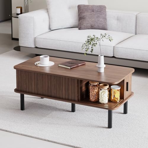 Lift Top Coffee Table,Wooden Rectangle Coffee Table with Hidden Storage Space,Metal Handles,Metal Legs,Mid Century Modern Style,Suitable for Living Room,Office,Apartment. (A-Lift Coffee Table-Walnut) - color: A-lift Coffee Table-walnut