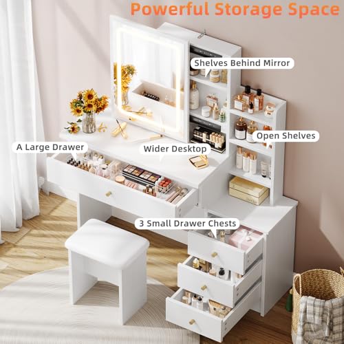 White Makeup Vanity Desk with Sliding Mirror & 4 Drawers | Smart LED Mirror, 3 Adjustable Lighting Modes, Vanity Chair, 4 Drawers, 7 Shelves, Dressing Table for Women, Girls - style: White with Slide mirror