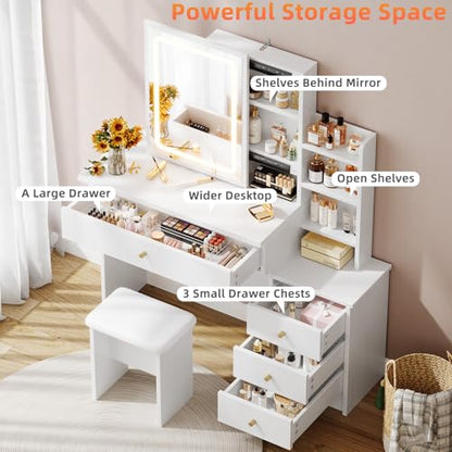 White Makeup Vanity Desk with Sliding Mirror & 4 Drawers | Smart LED Mirror, 3 Adjustable Lighting Modes, Vanity Chair, 4 Drawers, 7 Shelves, Dressing Table for Women, Girls - style: White with Slide mirror