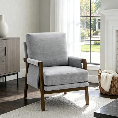 RNKSFX Grey Accent Chair for Bedroom & Living Room, Mid Century Modern Accent Arm Chair, Upholstered Anthropologie Accent Chair with Solid Wood Frame, Fabric - color: Grey