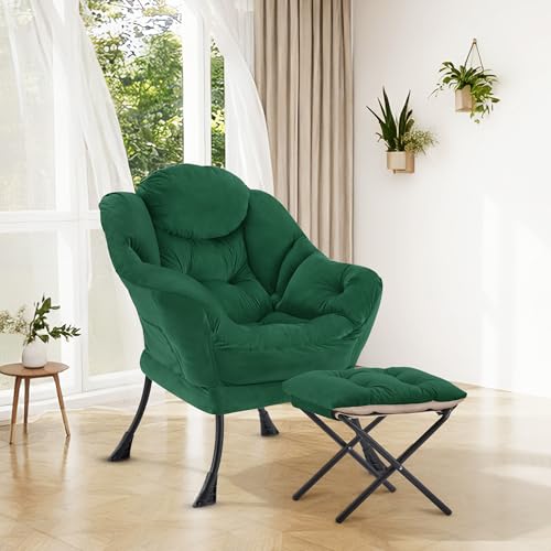 Lazy Chair with Ottoman, Modern Accent Lounge Chair with Side Pocket and Armrests, Cozy Reading Armchair with Footrest, Upholstered Sofa Chair for Small Spaces, Bedroom Living Room, Green - color: Green