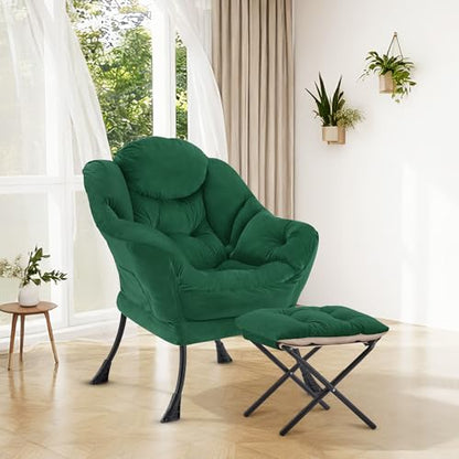 Lazy Chair with Ottoman, Modern Accent Lounge Chair with Side Pocket and Armrests, Cozy Reading Armchair with Footrest, Upholstered Sofa Chair for Small Spaces, Bedroom Living Room, Green - color: Green