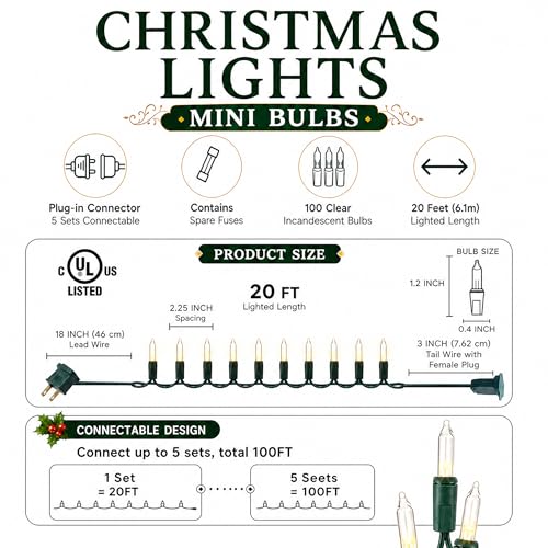 TW SHINE Warm White Christmas Lights Outdoor, 20FT 100 Count Incandescent Christmas Light Indoor, Waterproof Christmas Tree String Lights for Xmas Decorations | TW SHINE Christmas Light Indoor, Waterproof Christmas Tree String Lights for Outside Xmas Deco