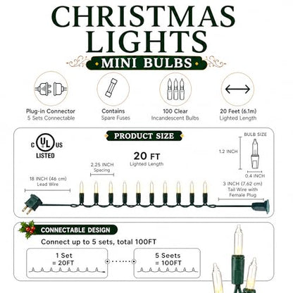 TW SHINE Warm White Christmas Lights Outdoor, 20FT 100 Count Incandescent Christmas Light Indoor, Waterproof Christmas Tree String Lights for Xmas Decorations | TW SHINE Christmas Light Indoor, Waterproof Christmas Tree String Lights for Outside Xmas Deco