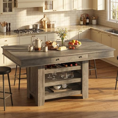 IDEALHOUSE 60" Wood Dining Table for 4-6, Counter Height Kitchen Table with Wine Rack and 2 Drawers, Open Shelves and Sturdy Legs, 4-Tier Stationary Kitchen Island for Dining Room and Kitchen - color: Grey