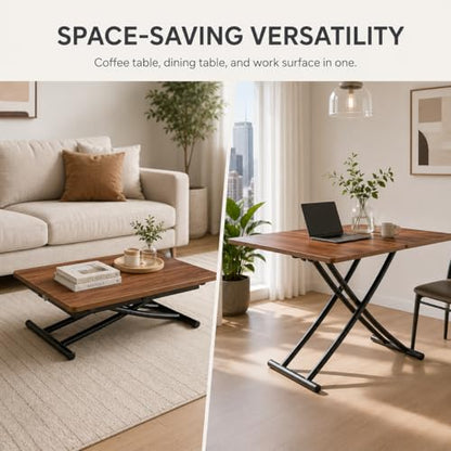 Liftable Folding Dining Table for 4, Adjustable Drop Leaf Table, Folding Coffee Table for Small Spaces, Scratch-Resistant Wood Top with Metal Frame for Apartment Kitchen Living Room - color: Walnut-black
