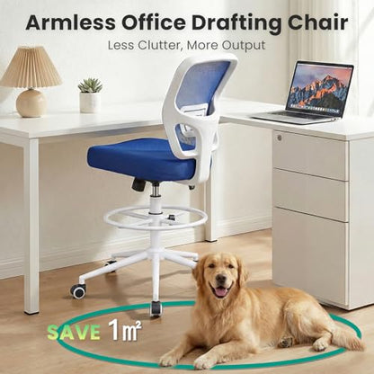 Armless Drafting Chair Tall Office Chair for Standing Desk - Adjustable Height Mesh Ergonomic Stool with Foot Ring, Rolling Counter Height Computer Chair for Small Spaces & Home Office - color: Klein Blue