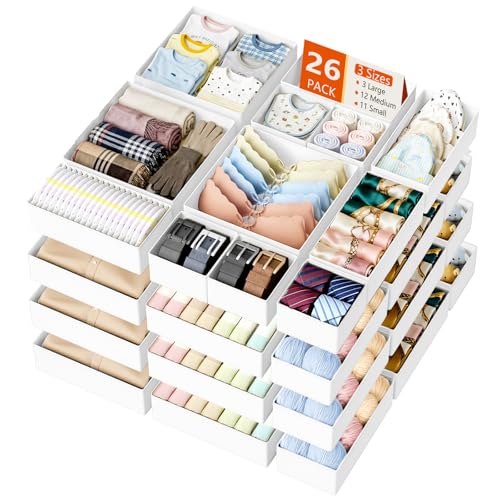 DIMJ Drawer Organizer Clothes Storage - 26 Pack Baby Dresser Organizer for Nursery, Foldable Closet Drawer Organizer Bins for Bedroom Organization, Fabric Storage Dividers for Socks, Underwears, Bras - color: White, size: 26 Pack
