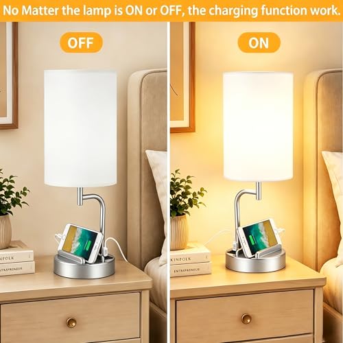 Dreamholder Touch Control USB Table Lamp with USB C/A & AC Outlet, 3-Way Dimmable Bedside Lamp, Modern Nightstand Lamps for Bedroom Living Room Guest Room Office, Bulb Included, Silver - color: Silver