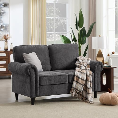 Loveseat 2 Seater Couch, Mid Century Modern Chenille Sofa with Rolled Arms and Deep Seats, Fluffy Comfort for Living Room, Apartment, Easy Assembly, Grey - color: Grey, size: Chenille Loveseat