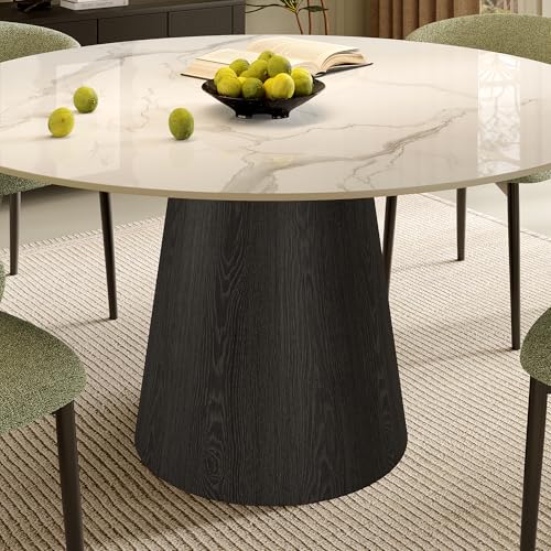 43" Round Dining Table for 4, Sintered Stone Top Solid Wood Pedestal, Snowy White+Black (Table Only) - color: Snowy White+black, size: 43"