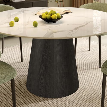 43" Round Dining Table for 4, Sintered Stone Top Solid Wood Pedestal, Snowy White+Black (Table Only) - color: Snowy White+black, size: 43"
