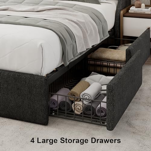 Einhomn Full Size Bed Frame with 4 Storage Drawers, Upholstered Bed Frame with Large Wingback Headboard, Charging Station, No Box Spring Needed, Dark Grey - color: Dark Gray, size: Full