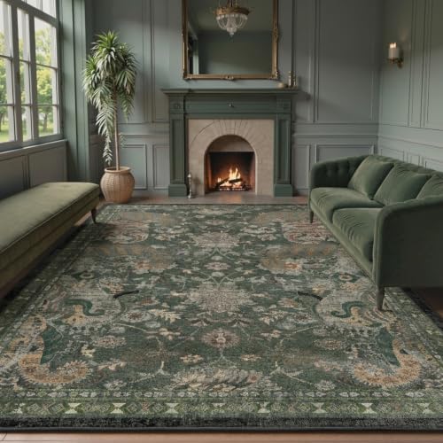 Vintage Distressed Persian Style Area Rug, Washable Living Room Rug 6x9 | Sage Green Rug with Rust Orange Accents, Distressed Oriental Floral Design, Antique-Inspired Style, Bedroom & Home Office Rug - color: Dark Green, size: 6×9