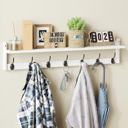 BAMEOS 35" L Wall Hooks with Shelf, Entryway Coat Hooks, Wood Wall Hanging Shelf, Wall-Mounted Coat Rack with 7 Dual Metal Hooks for Bathroom, Kitchen, Living Room, Bedroom (White) - style: White-35IN with shelf