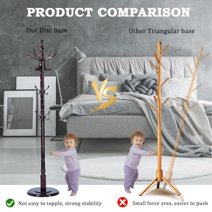 Coat Racks FreeStanding with 14 Hooks, Natural Wood Coat Rack with Solid Round Base, Adjustable Height Coat Racks, Easy Assembly for Hallway, Bedroom and Office (Solid Wood Fenghuang Gou) - color: Solid Wood Fenghuang Gou