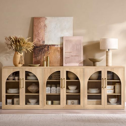 Glass Arched Door Sideboard Buffet Cabinet Set of 2, Natural Oak | Modular, Multi-Compartment Storage, Adjustable Shelf, Soft Close Hinges, Freestanding, for Dining Room, Living Room - color: Natural Oak