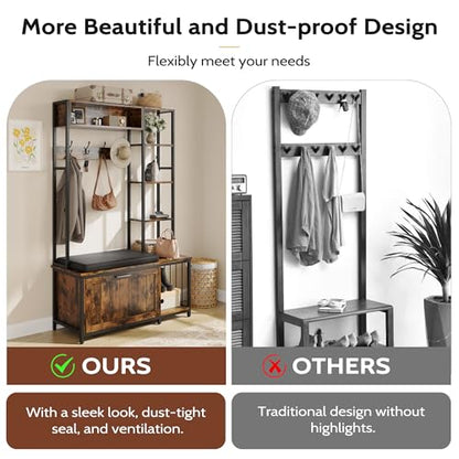 Hall Tree Coat Rack, Hall Tree With Bench and Shoe Storage Shoe With, Mud Room Storage Furniture，39.37 X 15.74 X 69.69 Inches, Brown - color: Brown