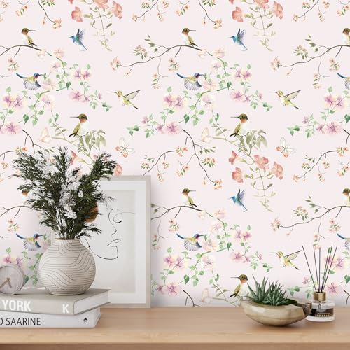 17.7"x78.7" Rustic Hummingbird Floral Wallpaper Peel and Stick Decorative Purple/Pink Floral Contact Paper for Cabinets Drawers Removable Self Adhesive Mural Wallpaper for Bedroom Nursery