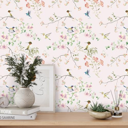 17.7"x78.7" Rustic Hummingbird Floral Wallpaper Peel and Stick Decorative Purple/Pink Floral Contact Paper for Cabinets Drawers Removable Self Adhesive Mural Wallpaper for Bedroom Nursery
