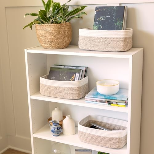 NaturalCozy 13.5”x8.5”x5.5” Storage Baskets for Shelves 3 Pack | Cotton Rope Woven Small Baskets for Organizing | Small Storage Bins for Nursery, Bathroom, Closet, Cube Shelf, Decorative, Gift - color: Off White & Mixed Brown, size: 13.5" x 8.5" x 5.5"