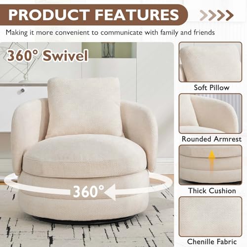 Round Swivel Barrel Chair with Comfy Pillow, Beige Small Accent Chair with Curved Backrest, Modern Upholstered Armchair & Chenille Barrel Accent Chairs for Living Room Bedroom Office (Beige) - color: Beige