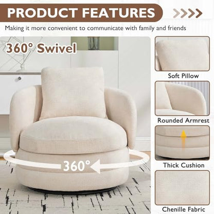 Round Swivel Barrel Chair with Comfy Pillow, Beige Small Accent Chair with Curved Backrest, Modern Upholstered Armchair & Chenille Barrel Accent Chairs for Living Room Bedroom Office (Beige) - color: Beige