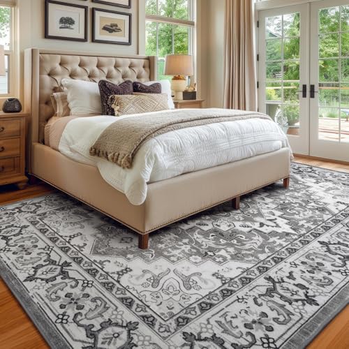 8 x 10 Area Rugs for Living Room- Machine Washable Area Rugs Boho Faux Wool Low Pile Area Rug for Bedroom, Floral Medallion Vintage Rugs with Non-Slip Rubber, Kid & Pet Friendly, Grey White | Boho Low Pile Area Rug for Bedroom, Floral Medallion Vintage Ca
