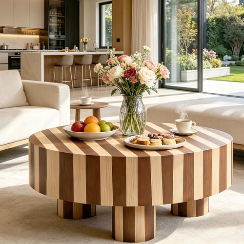 31.5" Modern Round Wood Coffee Table MDF Center Table Striped Design Modern Dinning Table for Living Room, Office, Apartment.(Stripes) - color: Color Mixing