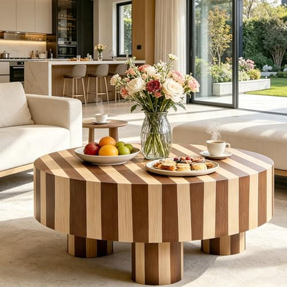 31.5" Modern Round Wood Coffee Table MDF Center Table Striped Design Modern Dinning Table for Living Room, Office, Apartment.(Stripes) - color: Color Mixing