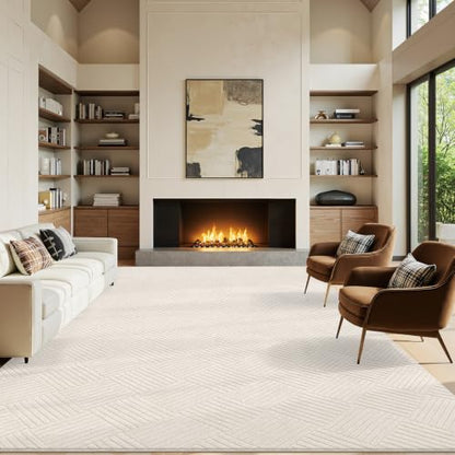 8x10 Living Room Area Rug, Beige Soft Geometric Fluffy Bedroom Mat | Washable Modern Indoor Floor Mat, Non Slip Shaggy Boho Accent Throw Carpet for Office, Dorm, Nursery and Dining Room - size: 8' x 10' (Rectangular)