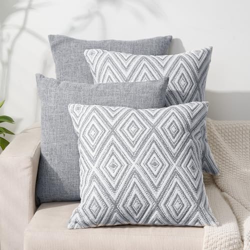 HPUK Throw Pillow Covers 18x18, Set of 4, Grey Textured Couch Pillow Covers | Polyester fabric, patterned and solid designs, hidden zippers, machine washable, for sofas and beds, inserts not included - color: Grey, size: 18" x 18" (Pack of 4)