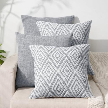 HPUK Throw Pillow Covers 18x18, Set of 4, Grey Textured Couch Pillow Covers | Polyester fabric, patterned and solid designs, hidden zippers, machine washable, for sofas and beds, inserts not included - color: Grey, size: 18" x 18" (Pack of 4)
