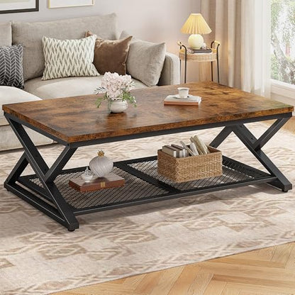 EnHomee Coffee Table, Storage & Shelf, X-Frame Stability, Rustic Brown | Families, Wood & Metal, Holds Magazines & Drinks, Industrial Design, Living Room, 47.2“ - color: Rustic Brown, size: 47.2 Inch