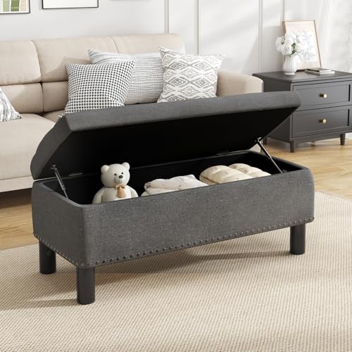 Storage Bench, Upholstered Linen Ottoman Bench with Button-Tufted, Folding Bedroom Bench with Wood Legs, Entryway Bench for Bedroom, Grey - color: Grey