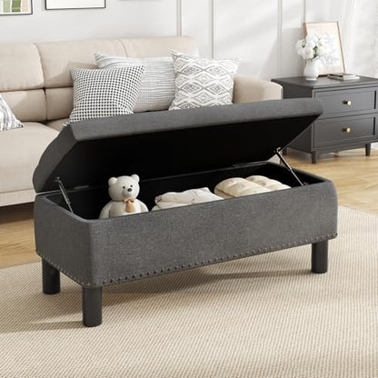 Storage Bench, Upholstered Linen Ottoman Bench with Button-Tufted, Folding Bedroom Bench with Wood Legs, Entryway Bench for Bedroom, Grey - color: Grey