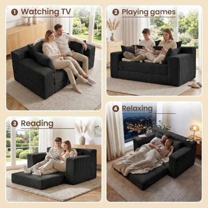 Boneless Mini Couch 53 Inch, 3-in-1 Black Boneless Couches Covertible Sofa Bed with 4 Pillows, Small Couches for Living Room, Bedroom, Small Space - color: Black, size: 53 Inch