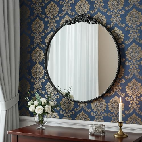 Vintage Baroque Round Wall Mirror 24"x24", Black Ornate Carved Frame Decor Mirror for Entryway Living Room Bedroom Hallway (Black Metal,24"x24") - color: Black Metal, size: 24"L x 24"W