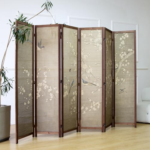 6 Panel Bamboo Room Divider for Room Separation, 5.6 ft Tall Double-Sided Folding Privacy Screen with Premium Thickened Wood Frame, White Plum and Birds (67" H x 94.5" W) - color: Plum and Birds, size: 6 Panel