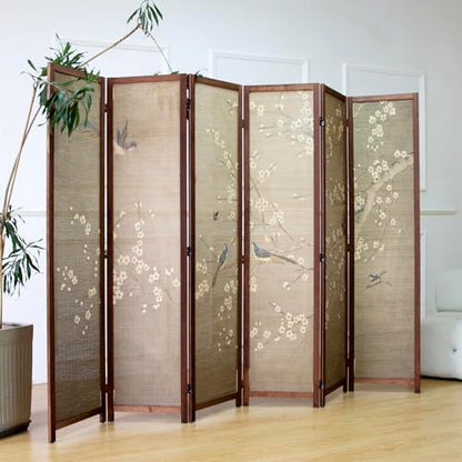6 Panel Bamboo Room Divider for Room Separation, 5.6 ft Tall Double-Sided Folding Privacy Screen with Premium Thickened Wood Frame, White Plum and Birds (67" H x 94.5" W) - color: Plum and Birds, size: 6 Panel