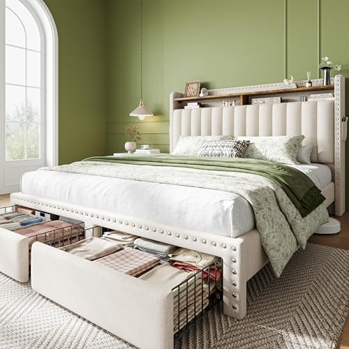 EnHomee Queen Bed Frame with 2 Drawers & 2-Tier Storage Headboard Shelf | 2 side pockets, Under-Bed space, Fabric upholstered, 1000lbs for bedroom apartment, Noise-Free, Easy Assembly, Beige - color: Beige, size: Queen