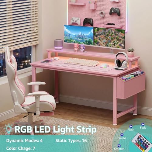 Lufeiya Small Girls Desk with Power Outlets and LED Lights, 32 Inch Gaming Desk Table with Charging Station, Home Office Computer Desks with Monitor, Pink - color: Pink, size: 31.5"