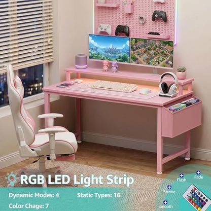 Lufeiya Small Girls Desk with Power Outlets and LED Lights, 32 Inch Gaming Desk Table with Charging Station, Home Office Computer Desks with Monitor, Pink - color: Pink, size: 31.5"