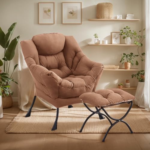 Lazy Chair with Ottoman, Soft Comfy Chair for Bedroom, Khaki | Reading Accent Lounge Chair with folding Foot Stool for Living Room Dorm Apartment, sturdy metal frame - color: Khaki