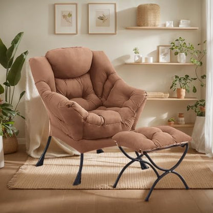 Lazy Chair with Ottoman, Soft Comfy Chair for Bedroom, Khaki | Reading Accent Lounge Chair with folding Foot Stool for Living Room Dorm Apartment, sturdy metal frame - color: Khaki