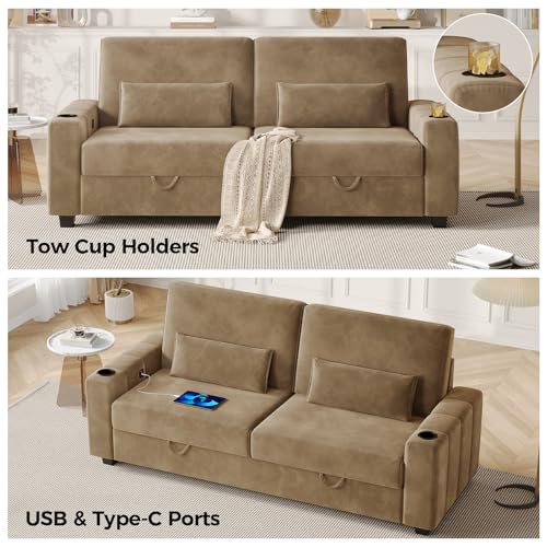 COPIAE Loveseat Sofa, Larger Couch Velvet Fabric with Storage, Charging Ports, Heightened Backrests, Removable Cover Modern Comfy Couches Easy Assembly for Living Room, 88 Inch Gold - color: Gold