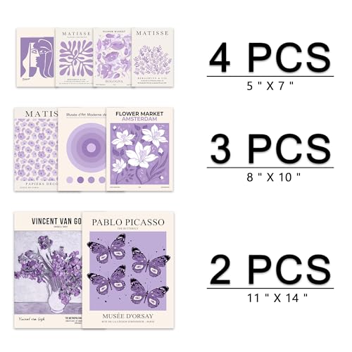 KONGSY Purple Wall Art Prints Set of 9, Lavender Abstract Matisse Exhibition Posters, Light Purple Wall Decor, Aesthetic Pictures Room Decor for Teen Girls Dorm, Bedroom - color: Purple